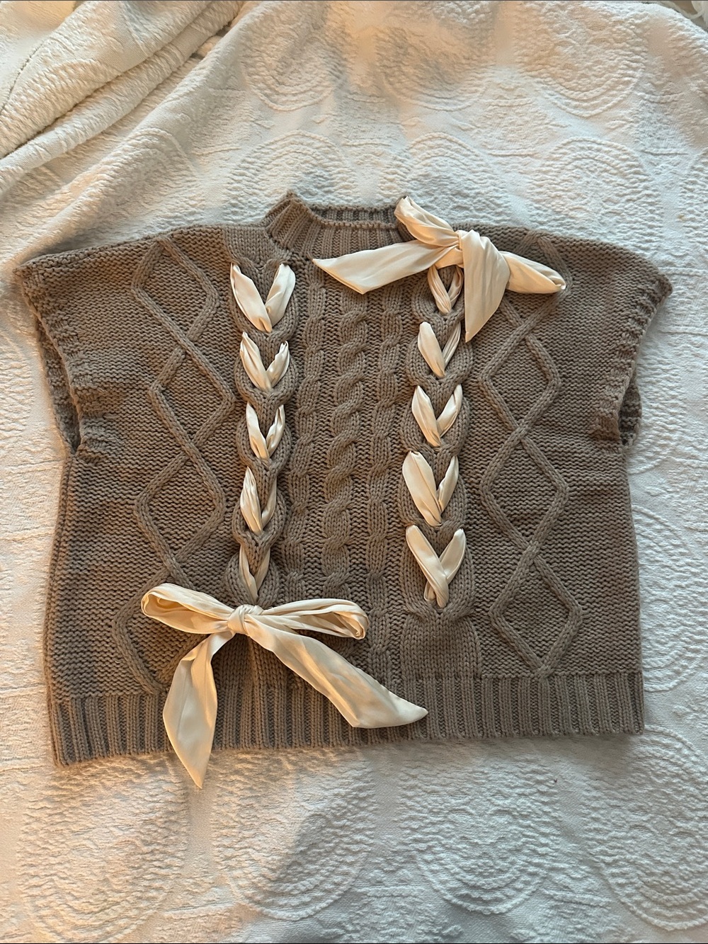 Taupe Cable-Knit Ribbon-Accent Sweater Vest
